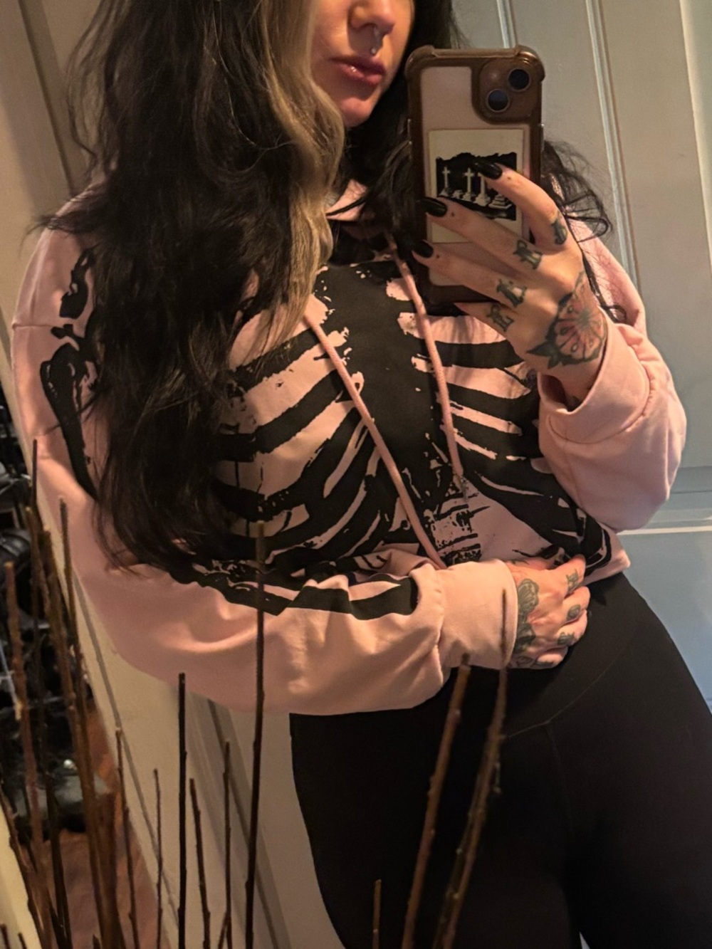 Pink Skeletal Graphic Hoodie Sweatshirt - cropped Women's